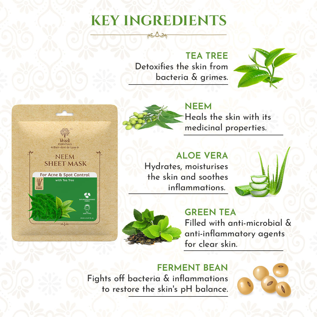 Picture of Khadi Essentials Anti-Acne & Spot Removal Tea Tree & Neem Ayurvedic Serum Sheet Mask (Pack of 3), 3x20ml