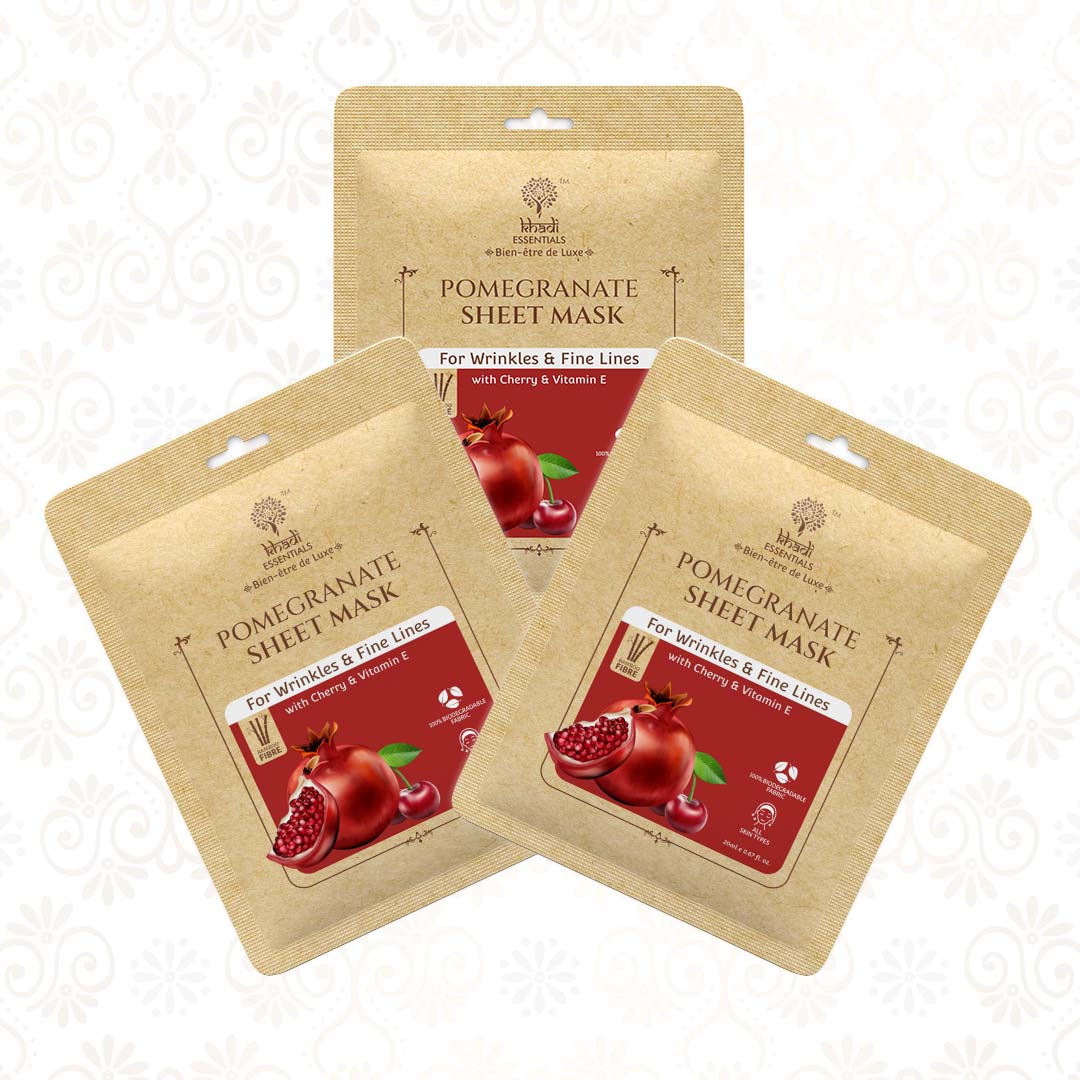 Show details for Khadi Essentials Pomegranate & Cherry Ayurvedic Serum Sheet Mask For Anti-Wrinkles & Fine Lines (Pack Of 3), 3x20ml Picture of Khadi Essentials Pomegranate & Cherry Ayurvedic Serum Sheet Mask For Anti-Wrinkles & Fine Lines (Pack Of 3), 3x20ml