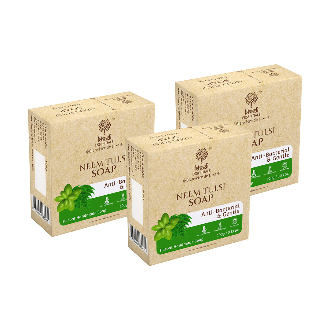 Show details for Khadi Essentials Neem Tulsi Soap (Pack of 3), 3x100g Picture of Khadi Essentials Neem Tulsi Soap (Pack of 3), 3x100g