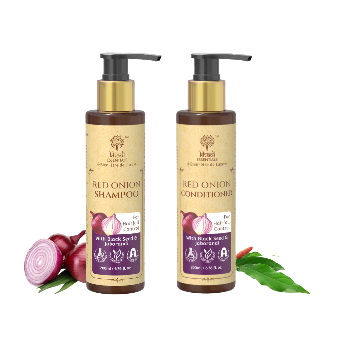 Show details for Khadi Essentials Khadi Essentials Red Onion Hair Shampoo And Red Onion Hair Conditioner Combo, 200 ml + 200 ml Picture of Khadi Essentials Khadi Essentials Red Onion Hair Shampoo And Red Onion Hair Conditioner Combo, 200 ml + 200 ml