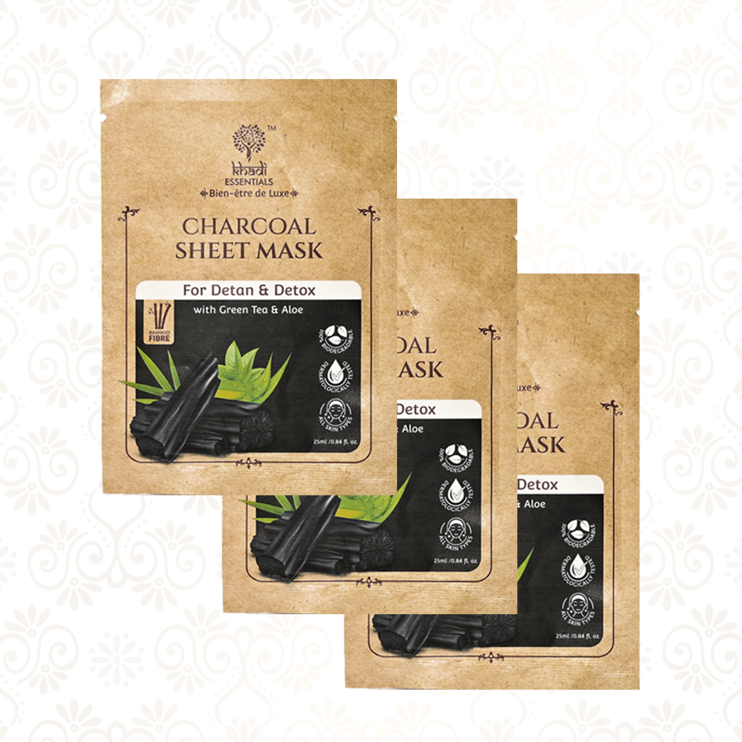 Picture of Khadi Essentials Charcoal & Green Tea Ayurvedic Serum Sheet Mask For Detan & Detox (Pack of 3), 3x20ml