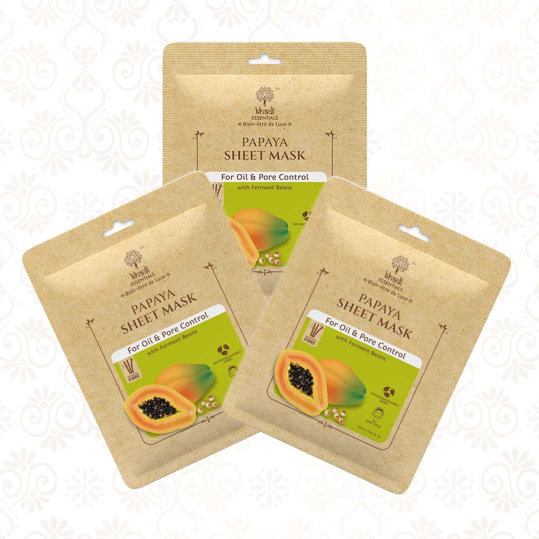 Show details for Khadi Essentials Papaya & Ferment Beans Ayurvedic Serum Sheet Mask For Oil & Pore Control (Pack Of 3), 3x20ml Picture of Khadi Essentials Papaya & Ferment Beans Ayurvedic Serum Sheet Mask For Oil & Pore Control (Pack Of 3), 3x20ml
