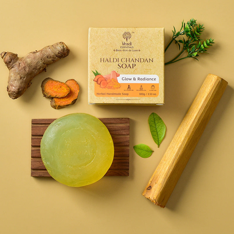 Show details for Khadi Essentials Haldi Chandan Soap for Glowing Skin (Pack of 3), 100gm Picture of Khadi Essentials Haldi Chandan Soap for Glowing Skin (Pack of 3), 100gm