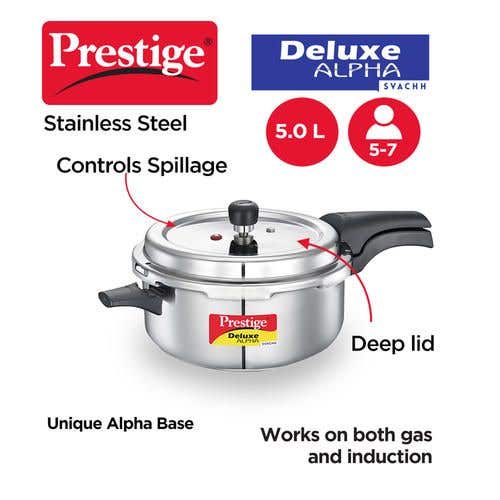 Picture of Prestige Deluxe Alpha Svach Stainless Steel Spillage Control Pressure Cooker-Silver- Capacity 5L