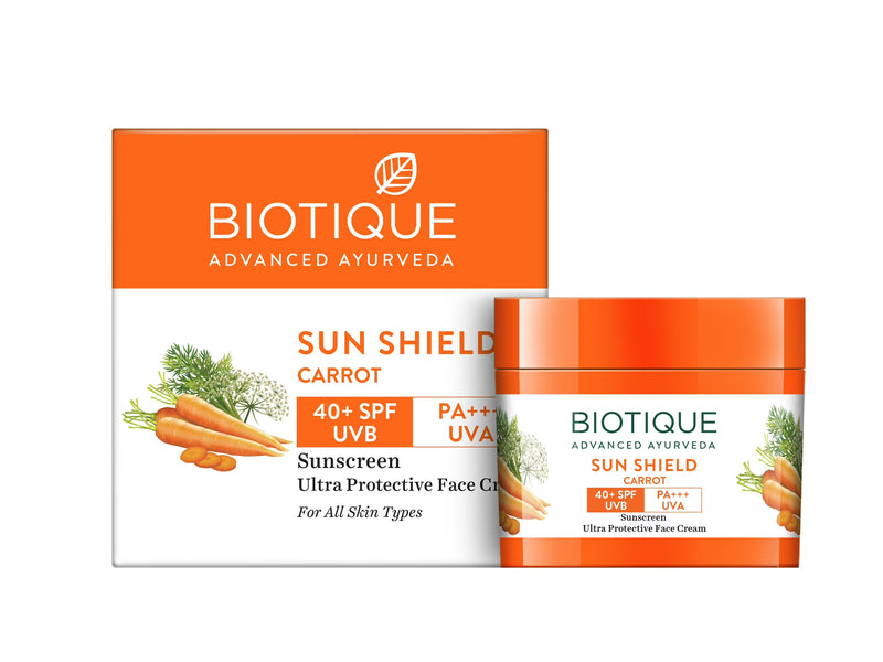 Show details for Biotique Advanced Ayurveda Bio Carrot 40+ SPF UVA UVB Sunscreen Ultra Soothing Face Cream - 50 gm Picture of Biotique Advanced Ayurveda Bio Carrot 40+ SPF UVA UVB Sunscreen Ultra Soothing Face Cream - 50 gm