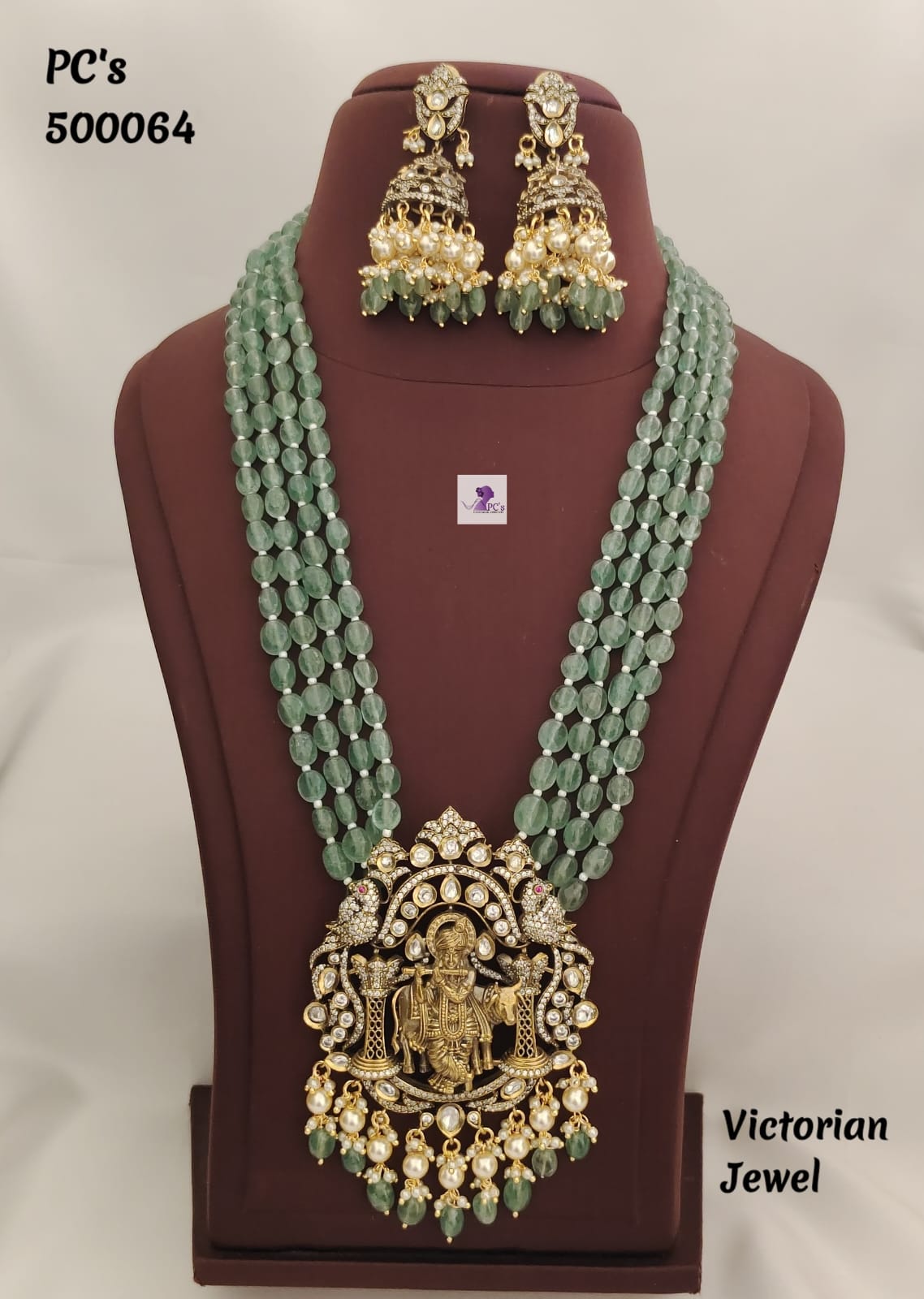 Picture of Green Beads Necklace with Victorian Krishna pendant