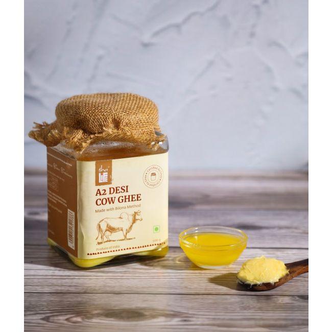 Picture of Isha Life Pure A2 Desi Cow Ghee(500gm). Made traditionally from curd. Made from grass-fed free grazing desi cows' milk. Extracted using non-exploitative methods. Bilona ghee
