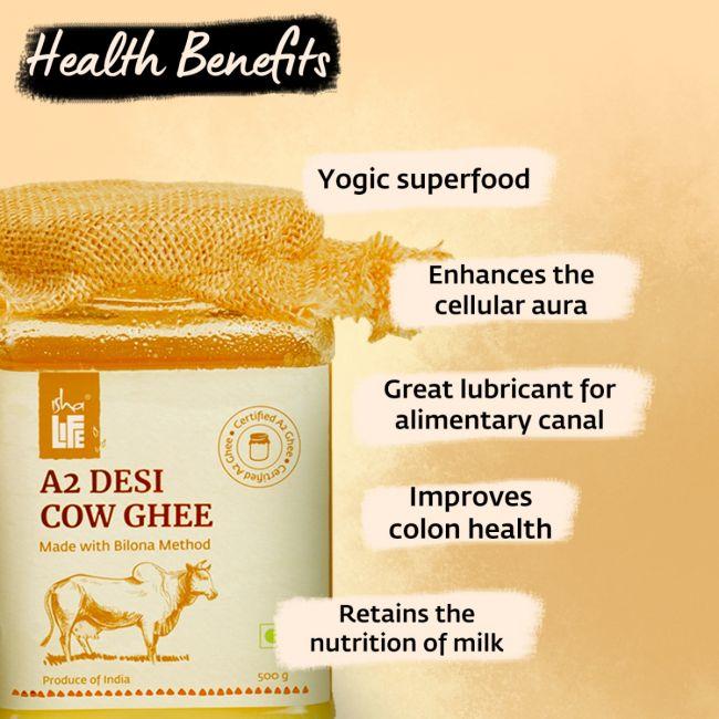 Picture of Isha Life Pure A2 Desi Cow Ghee(500gm). Made traditionally from curd. Made from grass-fed free grazing desi cows' milk. Extracted using non-exploitative methods. Bilona ghee
