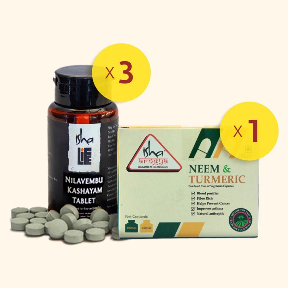 Show details for Isha Life Neem-Turmeric capsules and Nilavembu Kashayam tablets combo pack.Yogic essentials for health and immunity. Picture of Isha Life Neem-Turmeric capsules and Nilavembu Kashayam tablets combo pack.Yogic essentials for health and immunity.