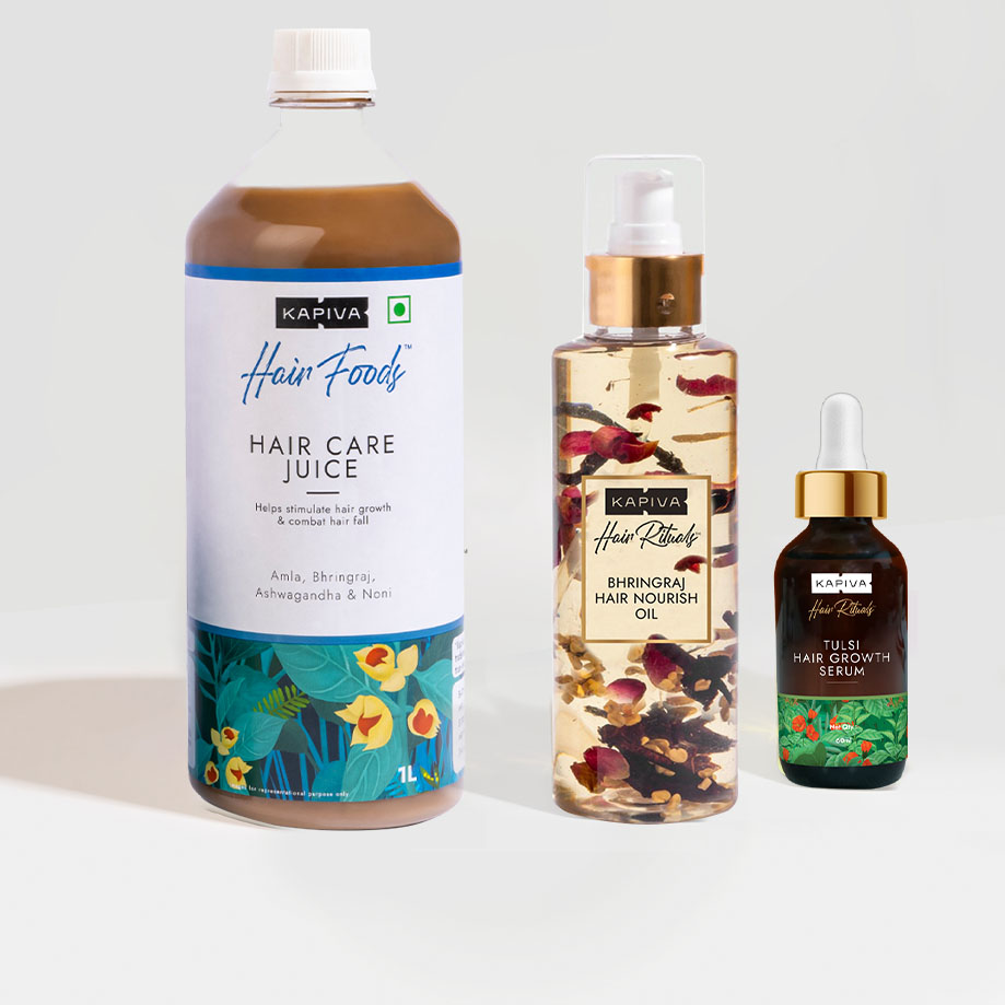 Show details for Kapiva Ayurveda Hair Nourishment Combo - Hair Care Juice & Bhringraj Oil & Tulsi Hair Regrowth Serum Picture of Kapiva Ayurveda Hair Nourishment Combo - Hair Care Juice & Bhringraj Oil & Tulsi Hair Regrowth Serum