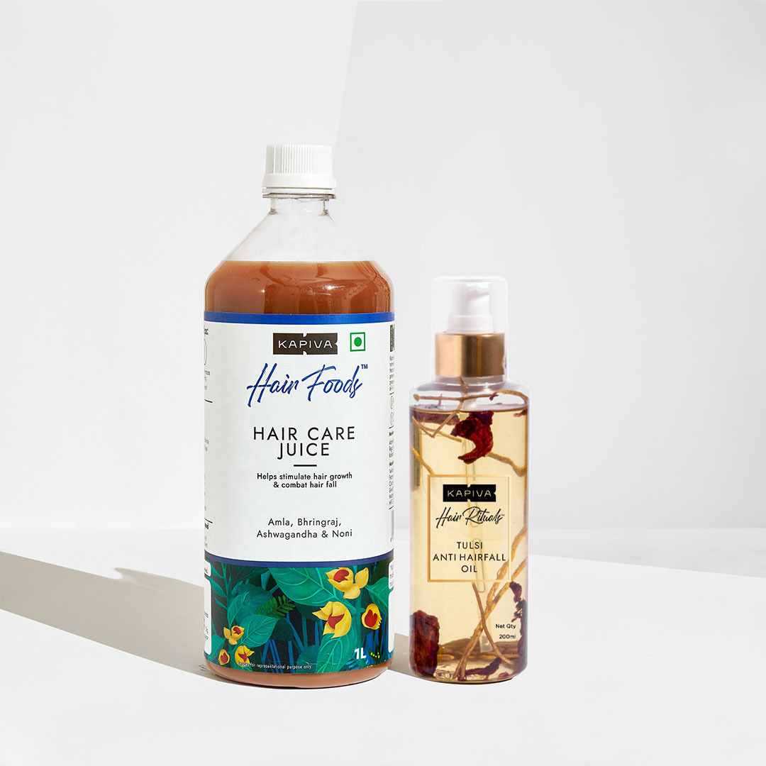 Show details for Kapiva Ayurveda Hair Care Juice 1L & Tulsi Anti-Hairfall Oil 200 ml - Combo Picture of Kapiva Ayurveda Hair Care Juice 1L & Tulsi Anti-Hairfall Oil 200 ml - Combo