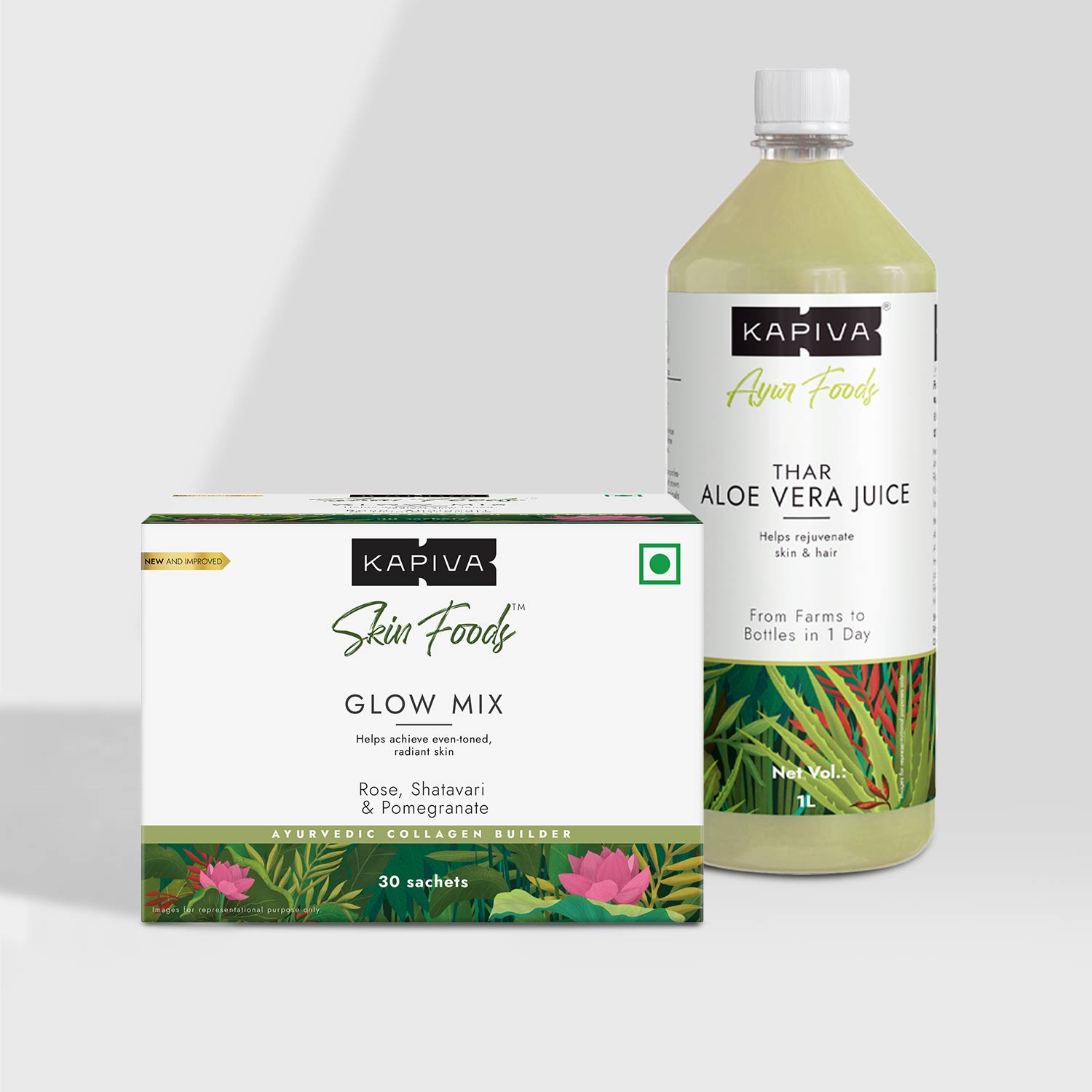 Show details for Kapiva Ayurveda Skin Foods Glow Mix & Aloe Vera Juice - Holistic Skin Care Combo Picture of Kapiva Ayurveda Skin Foods Glow Mix & Aloe Vera Juice - Holistic Skin Care Combo