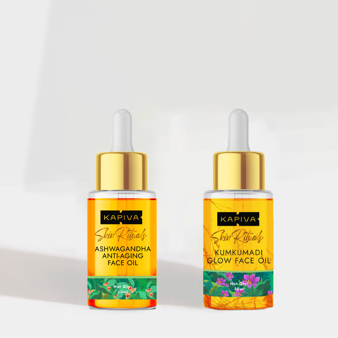 Show details for Kapiva Ayurveda Face Oil Combos - Kumkumadi Glow Oil & Ashwagandha Face Oil - 30 ml +30 ml Picture of Kapiva Ayurveda Face Oil Combos - Kumkumadi Glow Oil & Ashwagandha Face Oil - 30 ml +30 ml