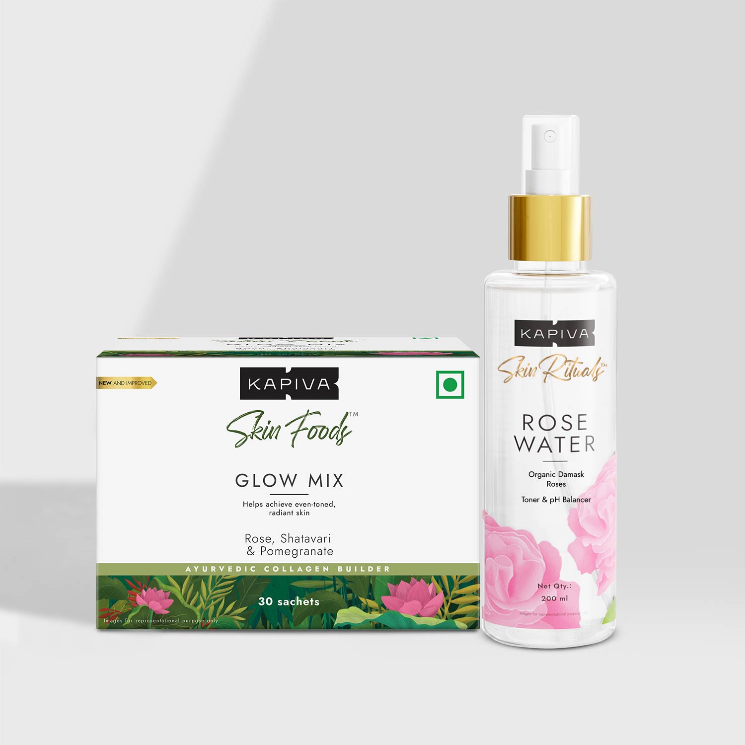 Picture of Kapiva Ayurveda Glow Mix & Rose Water - Glow with Roses Combo - 30 Sachets+200 ML