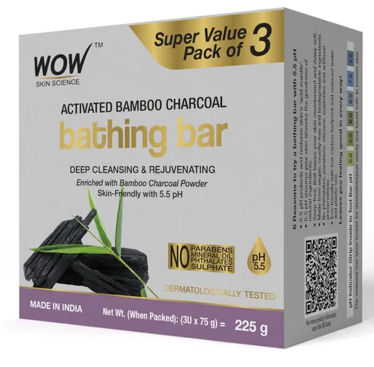 Show details for Wow Skin Science Activated Bamboo Charcoal Bathing Bar Super Value - Pack Of 3 - 225 gm Picture of Wow Skin Science Activated Bamboo Charcoal Bathing Bar Super Value - Pack Of 3 - 225 gm