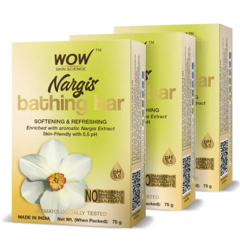 Show details for Wow Skin Science Nargis Bathing Bar - Pack of 3 - 75 gms Picture of Wow Skin Science Nargis Bathing Bar - Pack of 3 - 75 gms