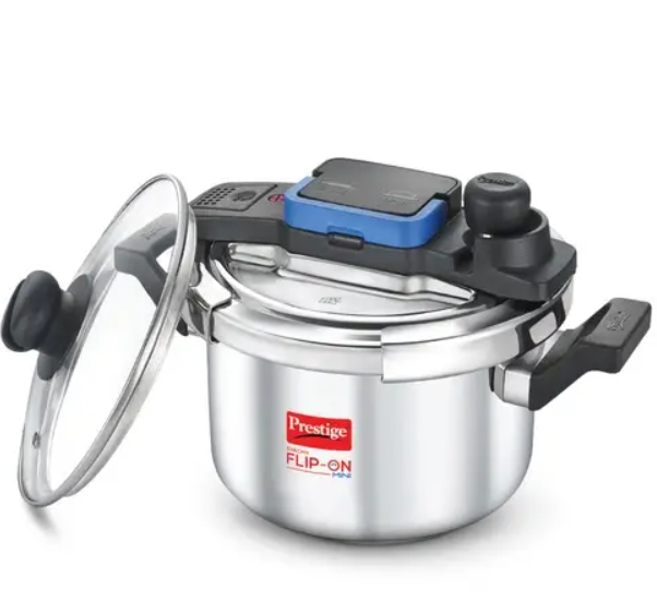 Show details for Prestige Svachh Flip-on Stainless Steel Spillage Control Pressure Cooker with Glass Lid Silver - 5 L Picture of Prestige Svachh Flip-on Stainless Steel Spillage Control Pressure Cooker with Glass Lid Silver - 5 L