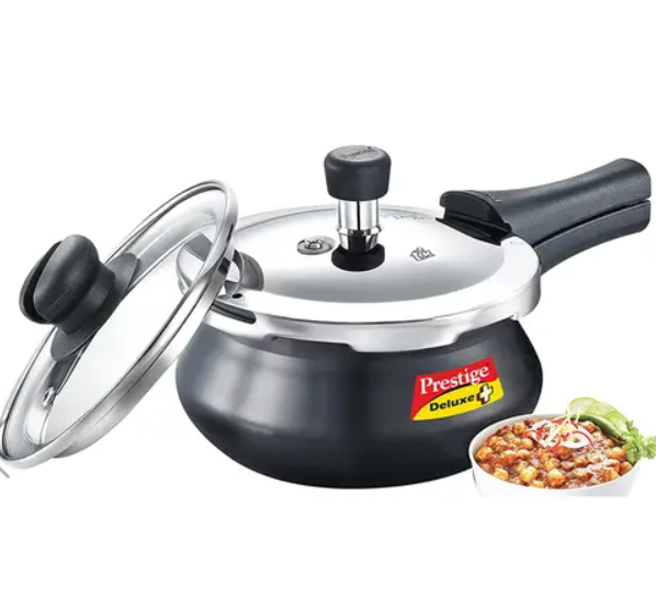 Show details for Prestige Deluxe Duo Plus Hard Anodised Gas and Induction Compatible Pressure Handi with Glass Lid Black - 1.5 Litres Picture of Prestige Deluxe Duo Plus Hard Anodised Gas and Induction Compatible Pressure Handi with Glass Lid Black - 1.5 Litres
