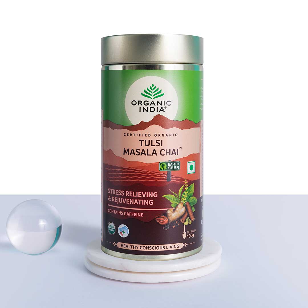 Show details for Organic India Tulsi Masala Chai Tin - 100 GM Picture of Organic India Tulsi Masala Chai Tin - 100 GM