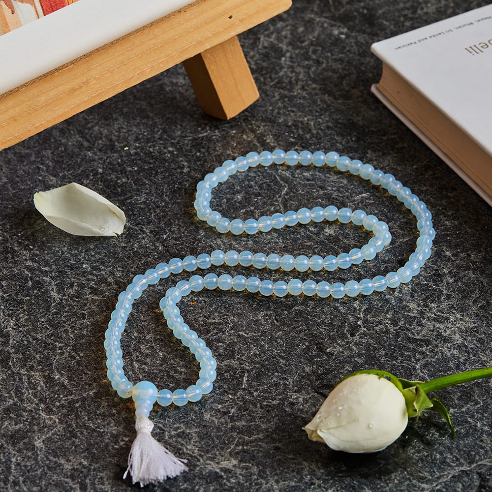 Picture of Svastika Moonbeam Opal Meditation Beads Mala