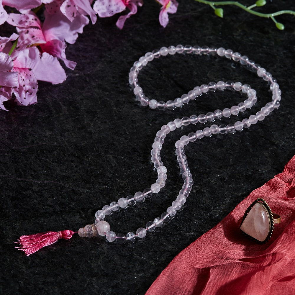 Picture of Svastika Blush Blossom Rose Quartz Prayer Mala