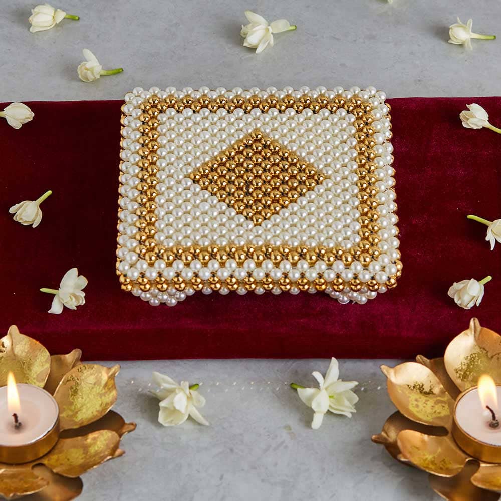 Show details for Svastika White & Gold Pearl Pooja Chowki - 5x5 Inch Picture of Svastika White & Gold Pearl Pooja Chowki - 5x5 Inch
