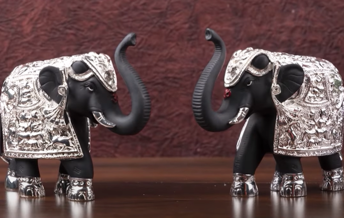 Picture of Svastika Trunk Up Elephant Pair Black Silver - 3 Inches - Set of 2