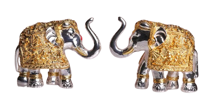 Show details for Svastika Trunk Up Elephant Pair Gold Silver - 4 Inches - Set of 2 Picture of Svastika Trunk Up Elephant Pair Gold Silver - 4 Inches - Set of 2