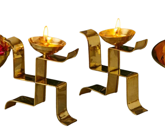 Picture of Svastika Vertical Swastika Symbol Diya Brass Akhand Jyoti Diya for Pooja - Set of 2