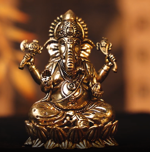 Picture of Svastika Brass Left-Trunk Ganesha Murti 3 Idol Sitting on Lotus for Home Mandir