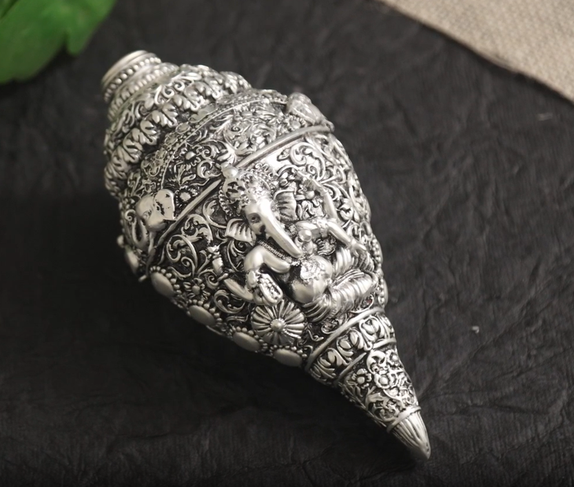 Picture of Svastika Antique Ganesh Shankh Conch - 999 Silver Plated 