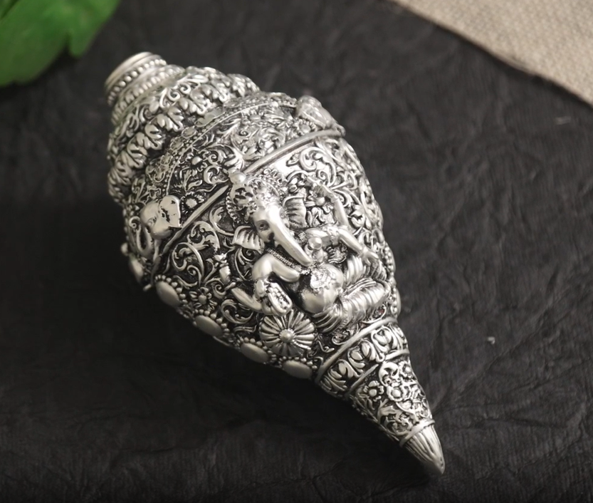 Show details for Svastika Antique Ganesh Shankh Conch - 999 Silver Plated  Picture of Svastika Antique Ganesh Shankh Conch - 999 Silver Plated