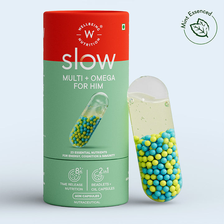 Show details for Wellbeing Nutrition Slow Multi + Omega for Him Capsules - 60 caps Picture of Wellbeing Nutrition Slow Multi + Omega for Him Capsules - 60 caps