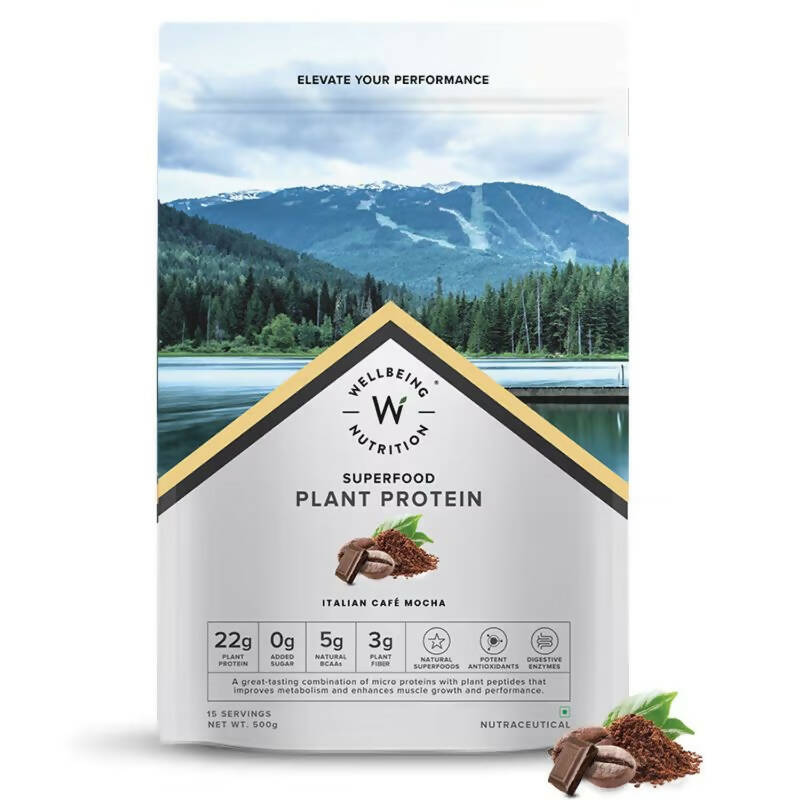 Show details for Wellbeing Nutrition Superfood Plant Protein Italian Cafe Mocha Flavour - 500 GM Picture of Wellbeing Nutrition Superfood Plant Protein Italian Cafe Mocha Flavour - 500 GM