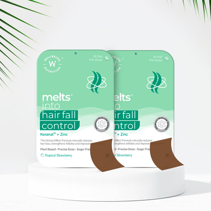 Show details for  Wellbeing Nutrition Melts Hair Fall Control Oral Strips Tropical Strawberry Flavor  - 30 Strips - Pack of 2 Picture of  Wellbeing Nutrition Melts Hair Fall Control Oral Strips Tropical Strawberry Flavor  - 30 Strips - Pack of 2