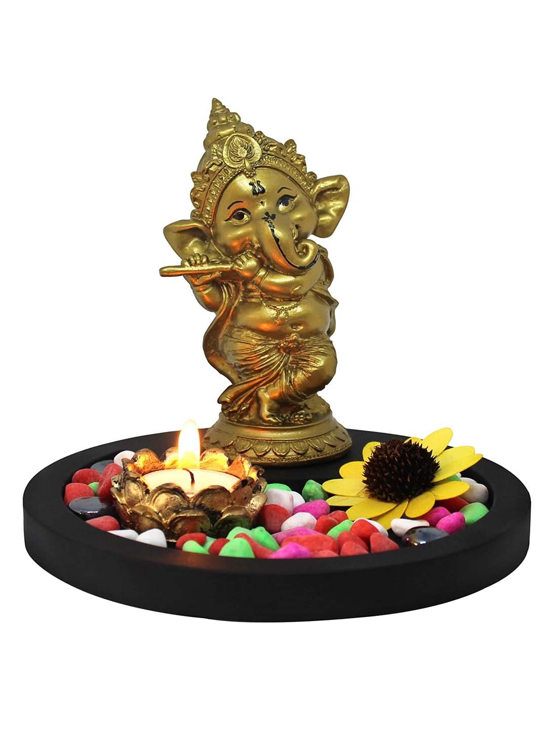 Picture of Tied Ribbons Gold-Toned and Black Ganesha Idol with Tray Stones and Tealight Candle Showpiece