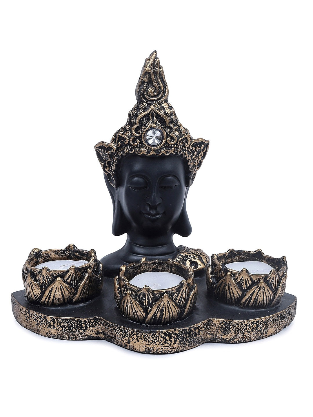 Picture of Tied Ribbons Black and Bronze-Toned Buddha Candle Holder Showpiece