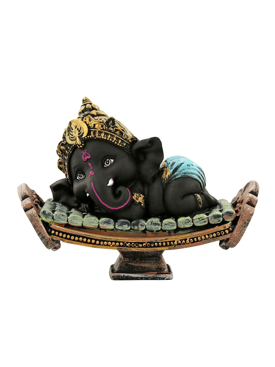 Picture of Tied Ribbons Black and Gold Toned Polyresin Lord Ganesha Idol