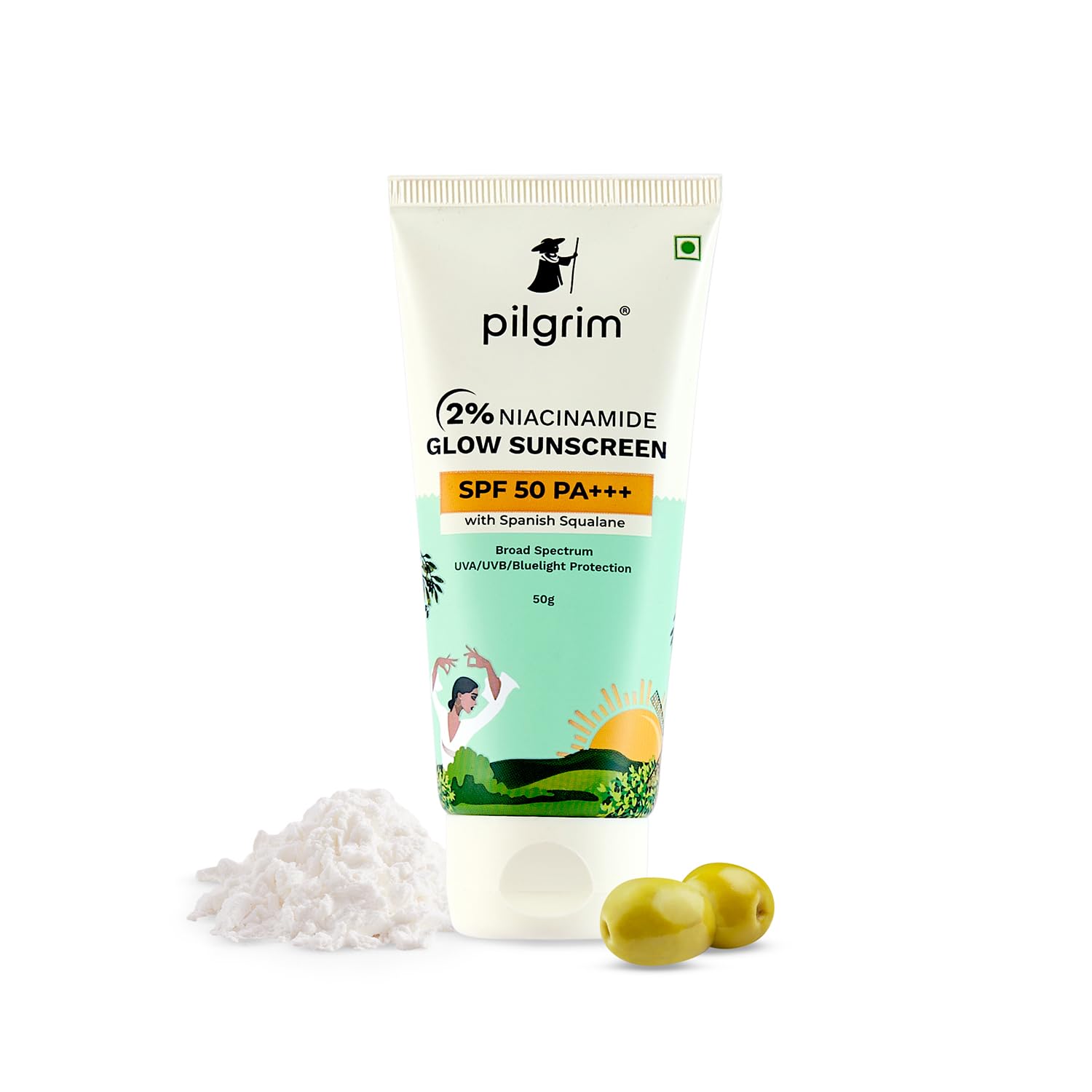 Show details for Pilgrim 2% Niacinamide Glow Sunscreen SPF 50 +++ Enhances Glow, Broad spectrum, Non-greasy, No white cast & Prevents Tanning - 50 GM Picture of Pilgrim 2% Niacinamide Glow Sunscreen SPF 50 +++ Enhances Glow, Broad spectrum, Non-greasy, No white cast & Prevents Tanning - 50 GM