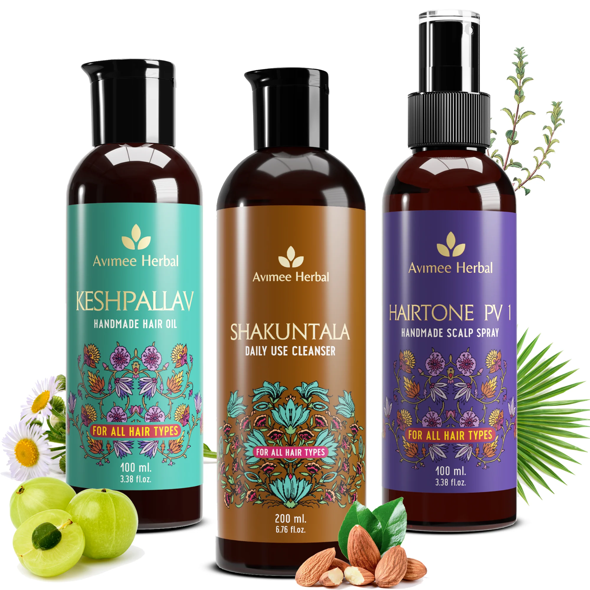 Picture of Avimee Herbal Anti Hairfall Kit - Oil, Cleanser and Scalp Spray, Controls Hair Fall and Strengthens Hair Root, With Rosemary, Amla, Methi & Bhringraj - Kit