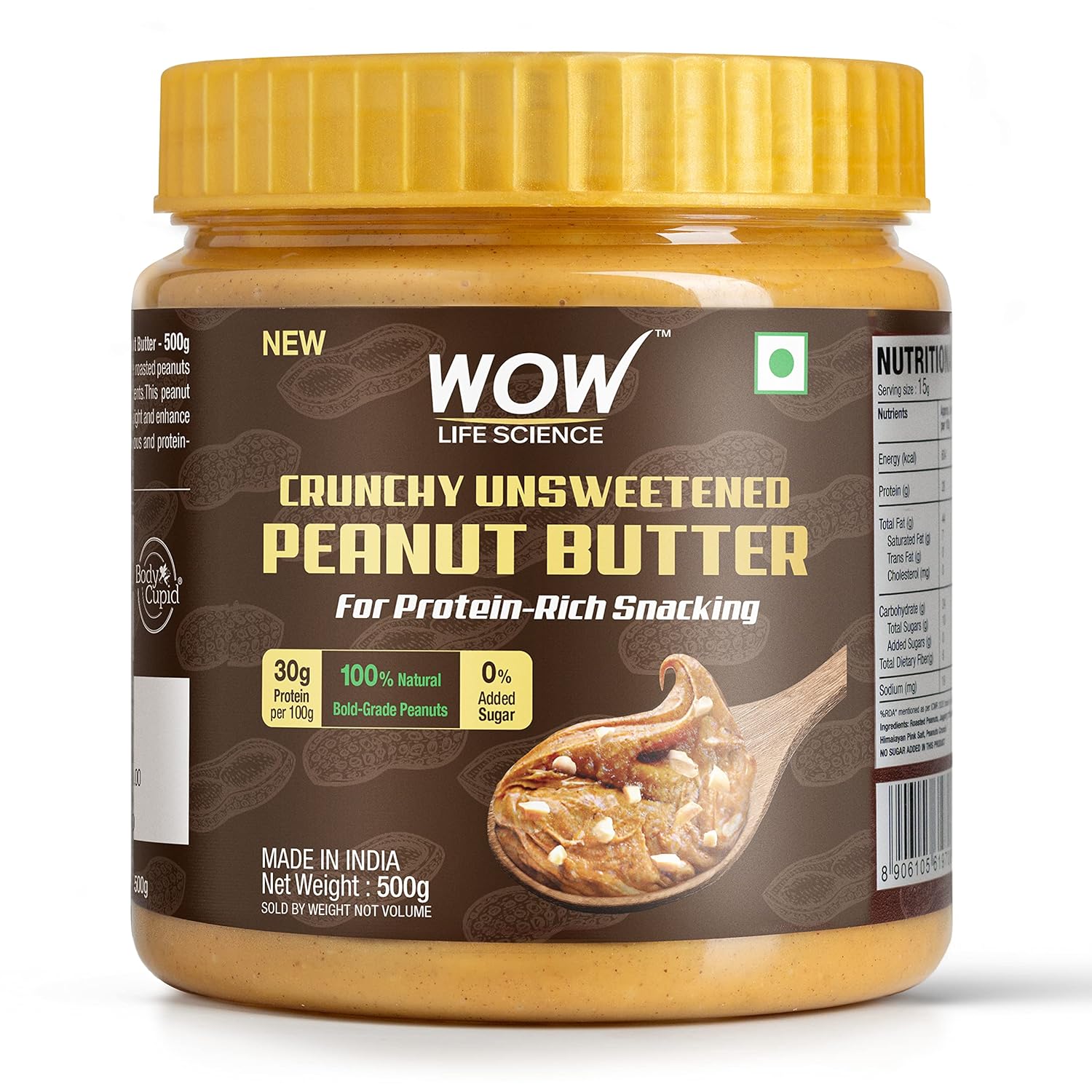 Picture of Wow Life Science Crunchy Unsweetened Peanut Butter - 500 GM