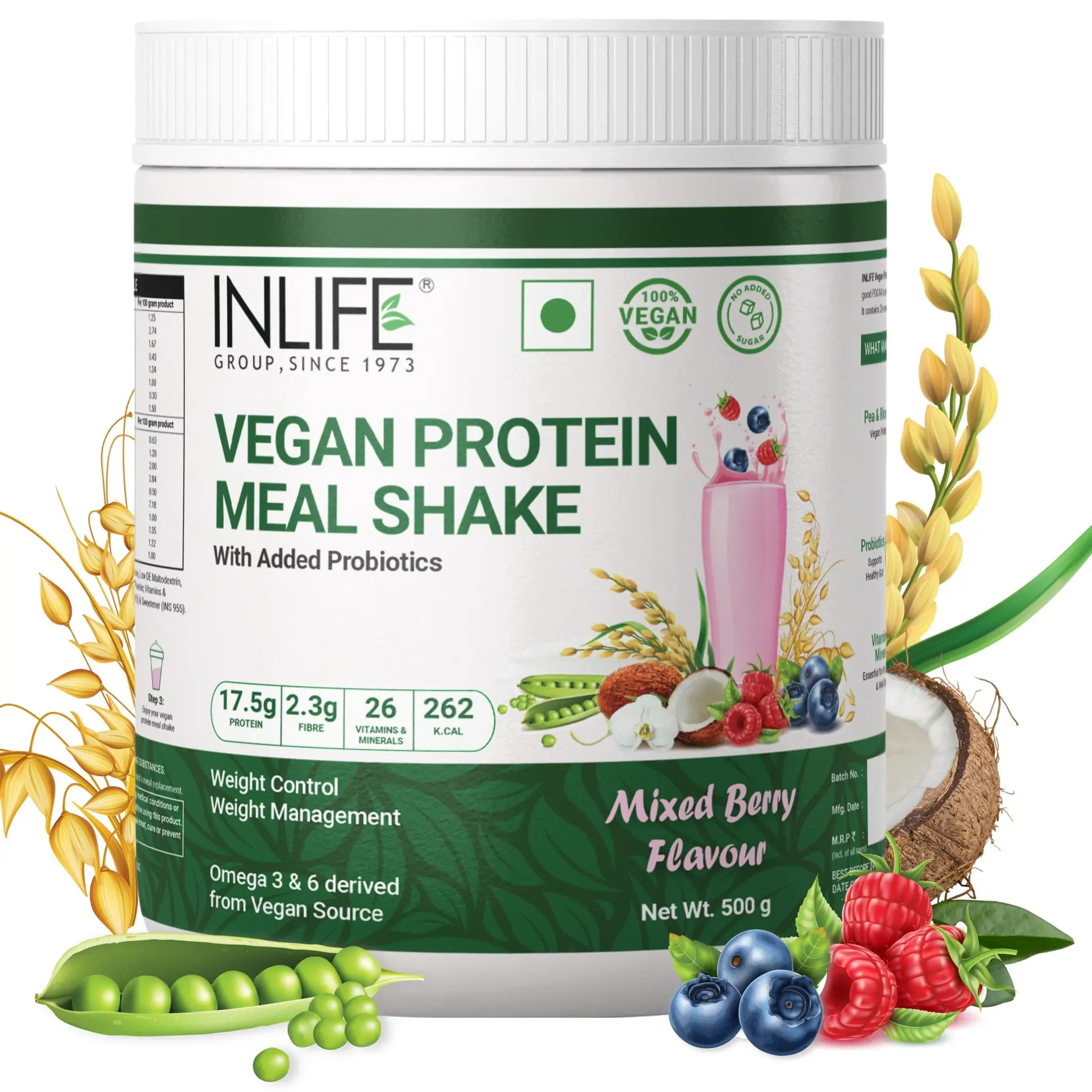 Show details for Inlife Vegan Protein Meal Shake Mixed Berry Flavour - 500 GM Picture of Inlife Vegan Protein Meal Shake Mixed Berry Flavour - 500 GM