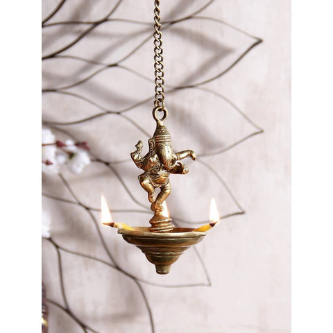 Picture of eCraftIndia Brown Dancing Ganesha Brass Hanging Diya