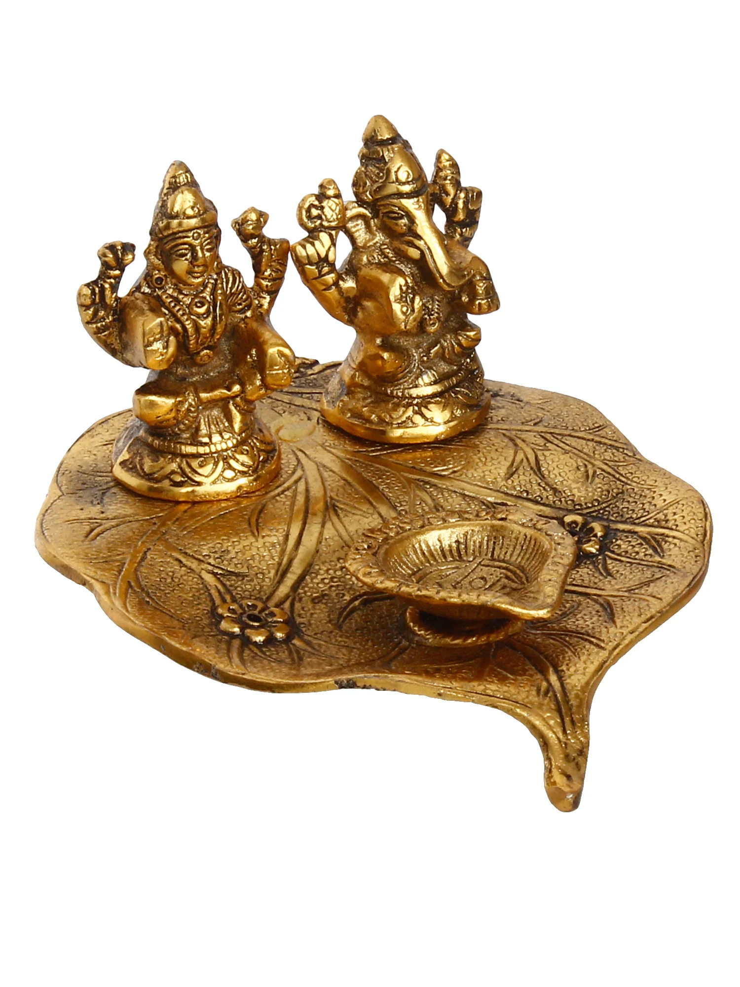 Picture of eCraftIndia Antique Gold-Toned Metal Handcrafted Laxmi Ganesh With Diya On Leaf