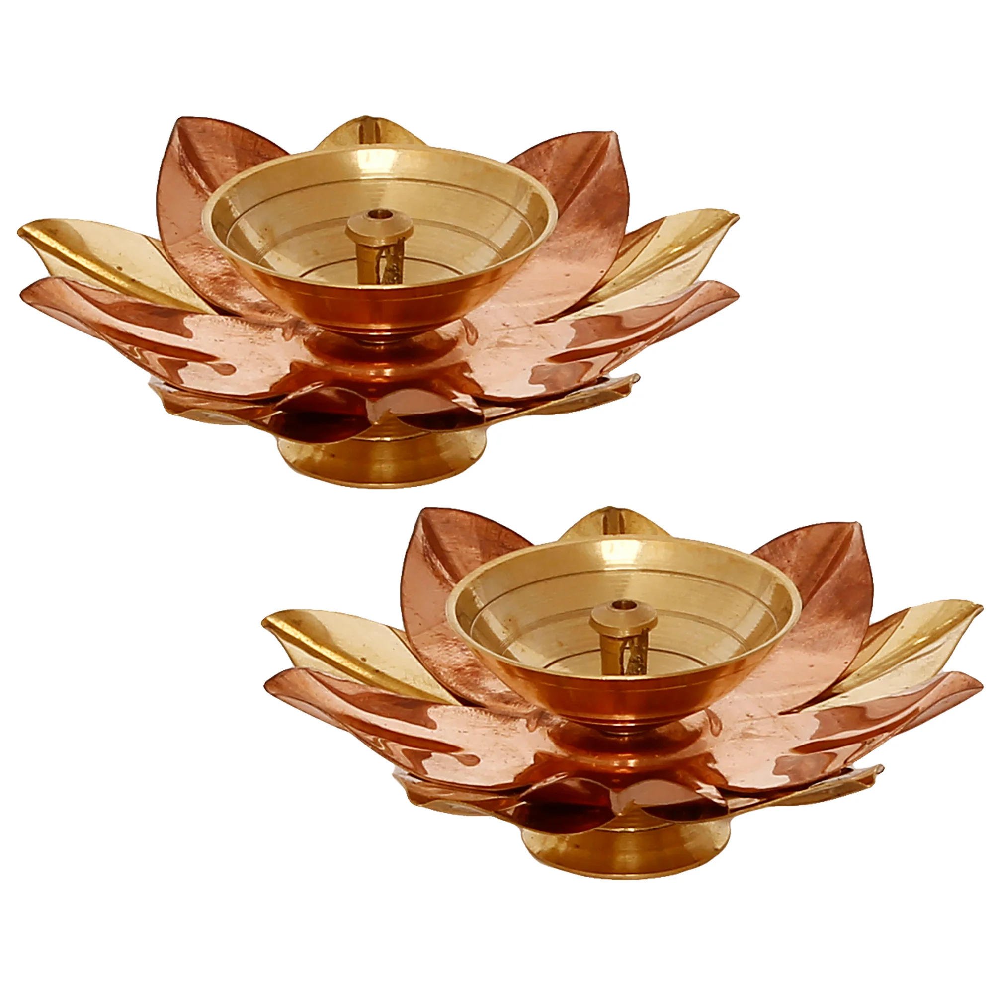 Picture of eCraftIndia Brown & Gold-Toned 2 Pcs Floral Shape Metal Diyas