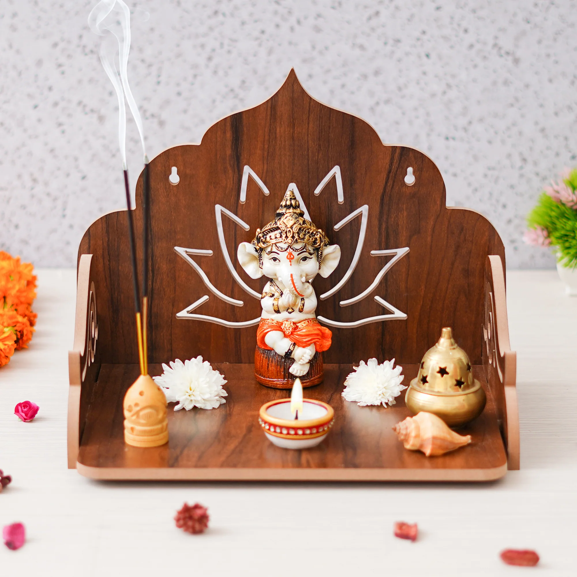 Picture of eCraftIndia Brown Lotus Designer Wooden Pooja Temple