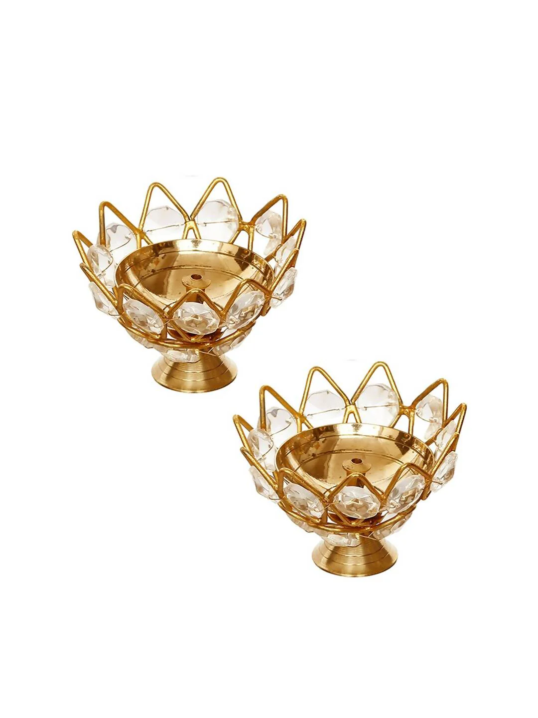 Picture of eCraftIndia Gold-Toned 2 Pieces Crystal Lotus Shape Brass Diyas