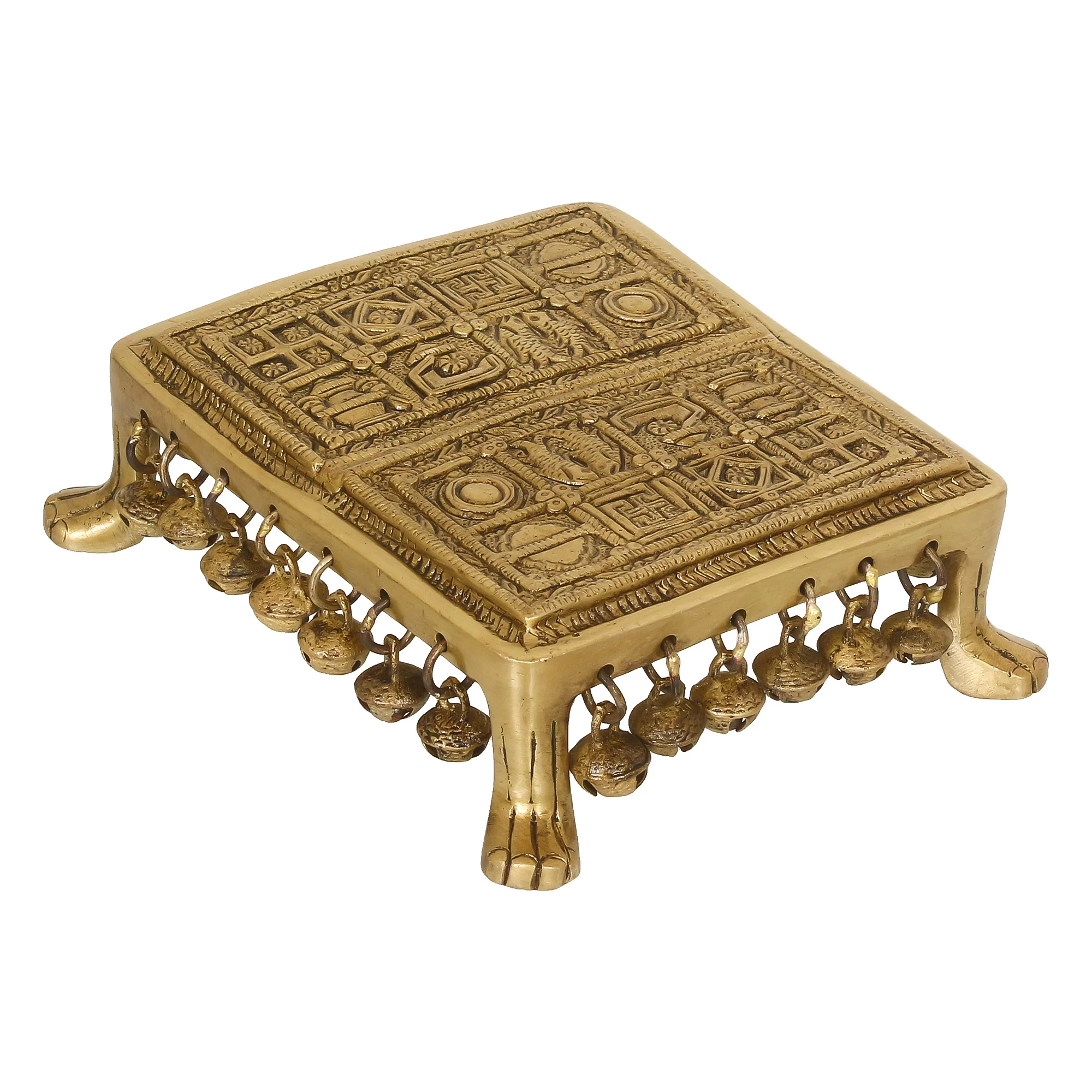 Show details for eCraftIndia Gold-Toned Handcrafted Brass Traditional Pooja Chowki With Bells Picture of eCraftIndia Gold-Toned Handcrafted Brass Traditional Pooja Chowki With Bells
