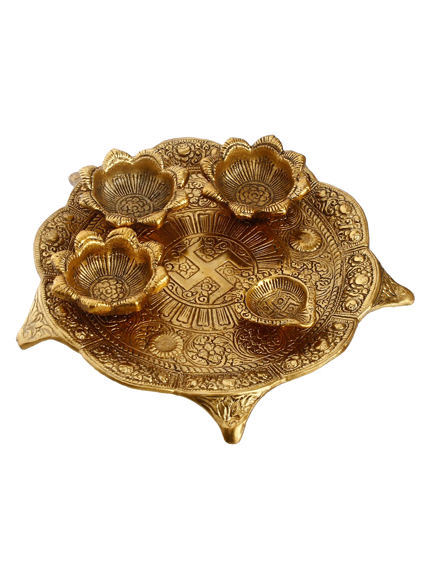 Show details for eCraftIndia Gold-Toned Swastik Pooja Thali Bowl & Diya Showpiece Picture of eCraftIndia Gold-Toned Swastik Pooja Thali Bowl & Diya Showpiece