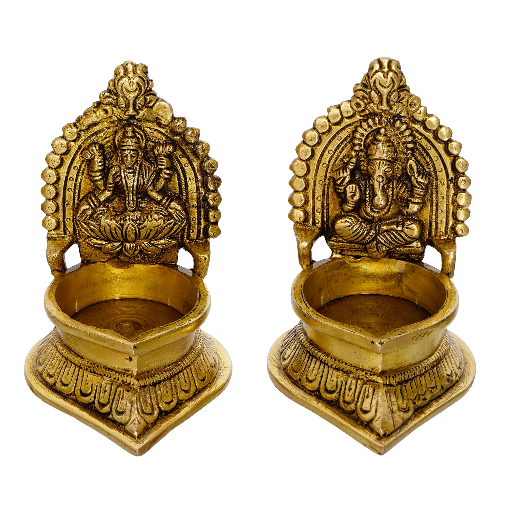 Picture of eCraftIndia Set of 2 Gold-Toned Handcrafted Brass Laxmi Ganesha Idol Deepak